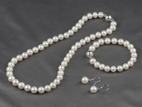 

100% Selling full A Grade 8.5-9mm Natural White Freshwater Pearl Necklace, Bracelet & Earrings Se