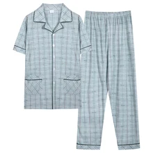 Мужские пижамы летние пижамы хлопок мужские пижамы набор Turn-Down воротник плюс размер пижамы мужские короткие топы+ длинные брюки