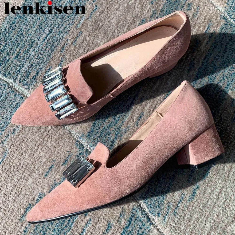 

Lenkisen new kid suede chunky med heels slip on women pumps big size crystals decoration concise style fashion runway shoes L2f1