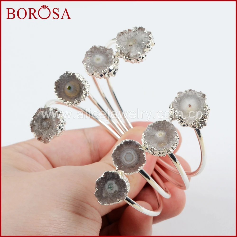 

BOROSA 5PCS Silver Color Small Double Natural Solar Quartz Adjustable Bangle, Sun Flower Bracelets Jewelry Gems for Women S1533