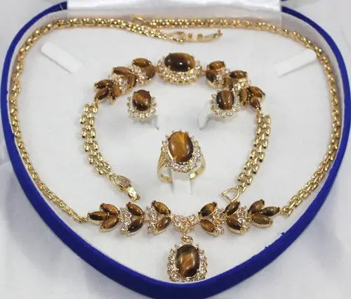

Free Shipping >>18K Yellow Gold GP Inlay Tiger's Eye Necklace Bracelet Earring Ring