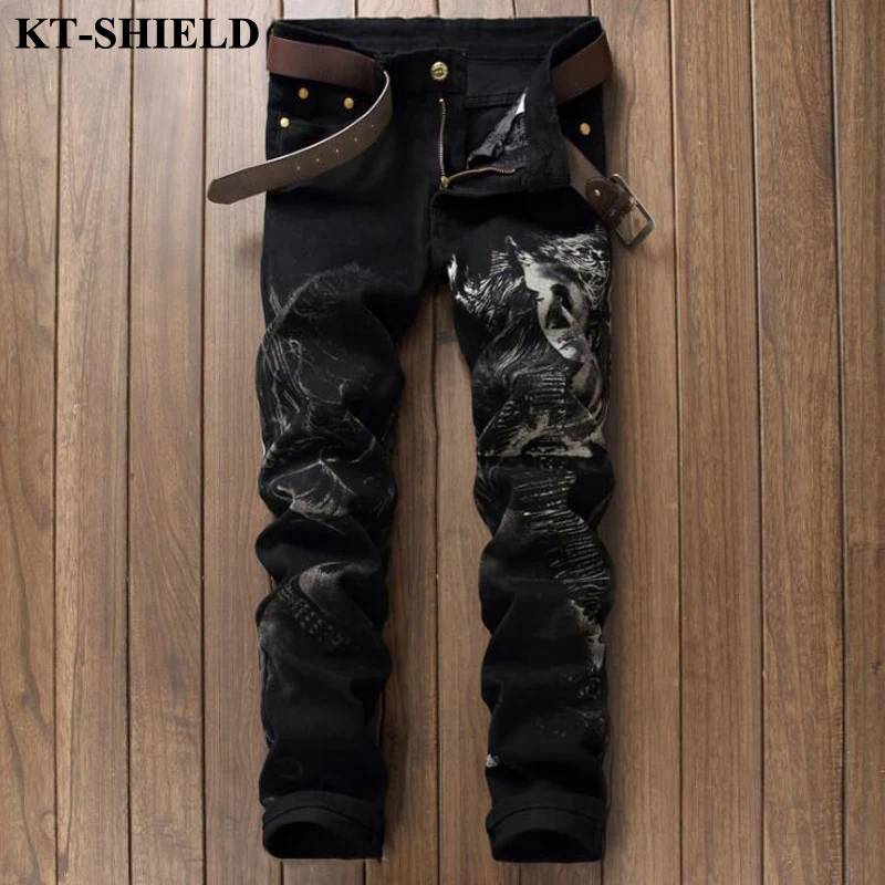 Fashion Men Jeans Black Slim fit Printing Jeans for Man Brand designer Straight Casual Harem Pants