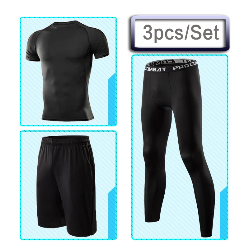 Мужская спортивная одежда для занятий фитнесом, для занятий спортом, физкультурой, костюмы для тренировок, бега, спортивная одежда, спортивный костюм, сухая посадка - Цвет: 3pcs-Set