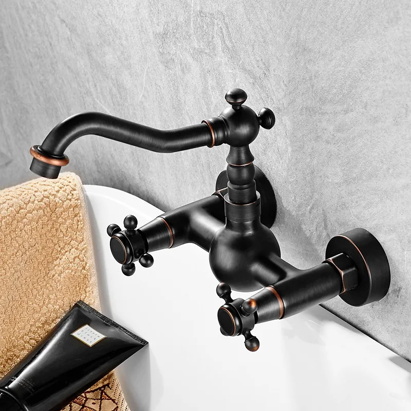 

All copper bronze black wall antique European style wall type cold and hot water tap tap Bronze Kitchen Wall
