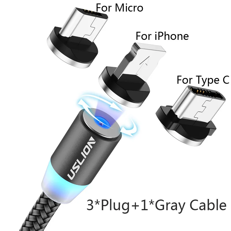 USLION 2 м Магнитный Micro USB кабель type C для iPhone XS Max X телефон зарядное устройство провод для samsung Xiaomi huawei P30 Pro Магнитный кабель - Цвет: 3 Plug 1 Gray Cable