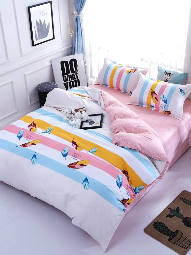 

4Pcs Bedlinens Set Modern Colorful Striped Feather Pattern Soft Bedding Set