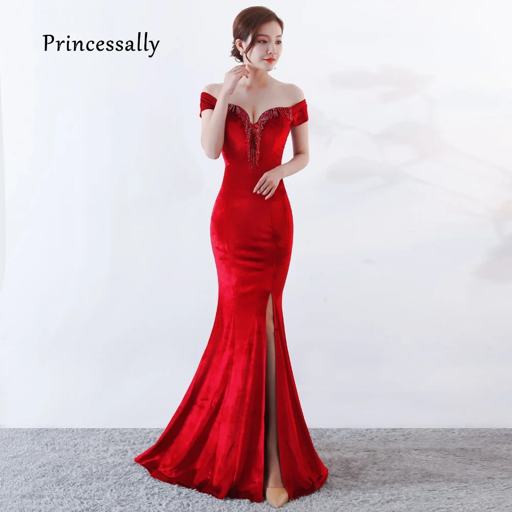 

New Mermaid Evening Dress Velour Reflective Dress Formal Prom Party Gown Sexy Boat Neck Beadings Engagement Bridal Gown Vestidos