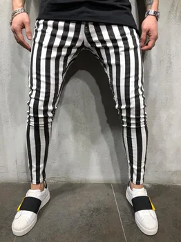 

2019 Black and White Stripes Mens Joggers Casual Pants Fitness Men Sportswear Tracksuit Bottoms Skinny Sweatpants Trousers