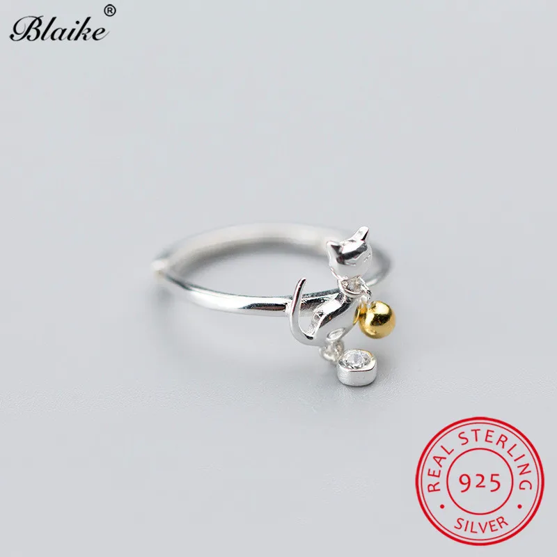 Blaike милый колокол Кот кольца для женщин Настоящее серебро 925 проба открытый Регулируемый кольцо для указательного пальца женские свадебные украшения