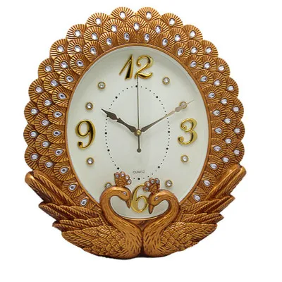 Creative New home decor European saat Timepiece swan diamond painting Peacock Lace Wall Clock Bedroom Silent Vintage Wall Clock - Цвет: Brushed red