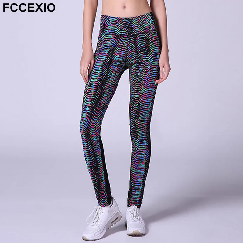 

FCCEXIO New Women 3D Legging Multicolored Stripe Printed Fitness Slim Push up Leggings High Waist Workout Pants Punk Leggin