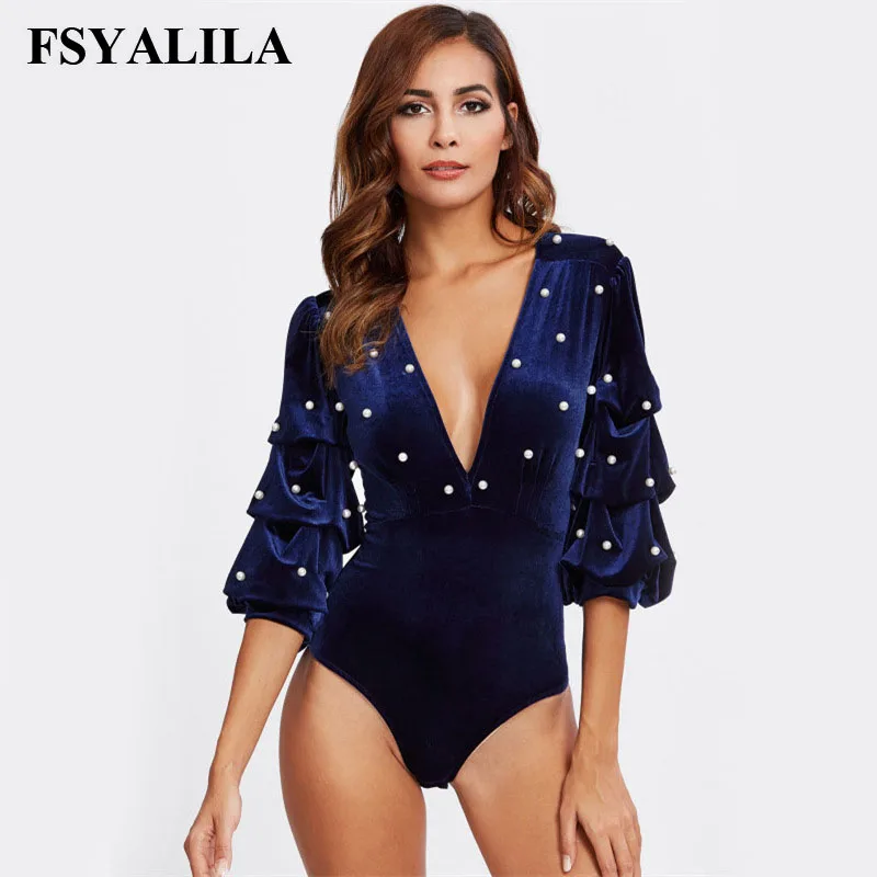 

Beading Velvet Bodysuit Long Puff Sleeve V Neck Sexy 2018 New Spring Jumpsuit Rompers Office Party Overall Elegant Bodycon