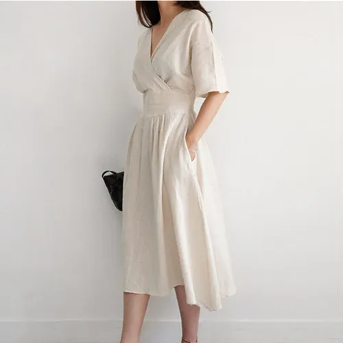 

Korean V-neck A-line Casual Dress Women Summer Knee-length Vintage Linen Dresses Elegant Holiday High Waist Clothes Dress Flax