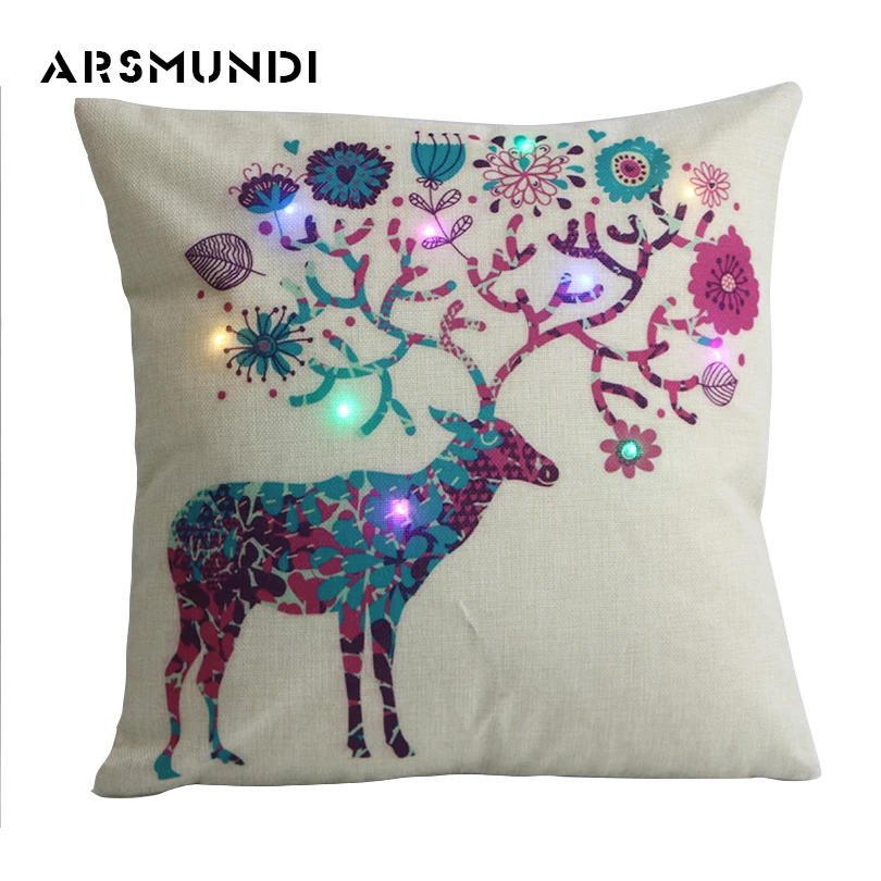 

Shining LED Flax Christmas Pillow Cover Cotton Linen Cushion Cover Home Use Cute Decorative Halloween Throw Pillows Cases Home