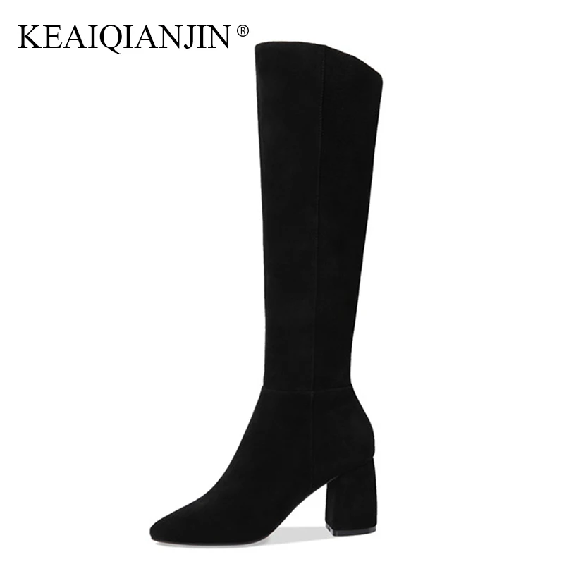 

KEAIQIANJIN Winter Black Zipper Knee High Boots Woman Pointed Toe High Heeled Shoes Genuine Leather Chelsea Knee High Boots 2018