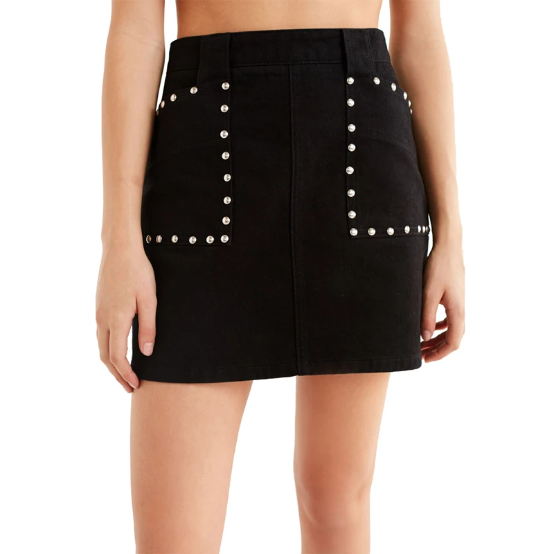 Black high waisted skinny bodycon tud mini skirts for women ladies