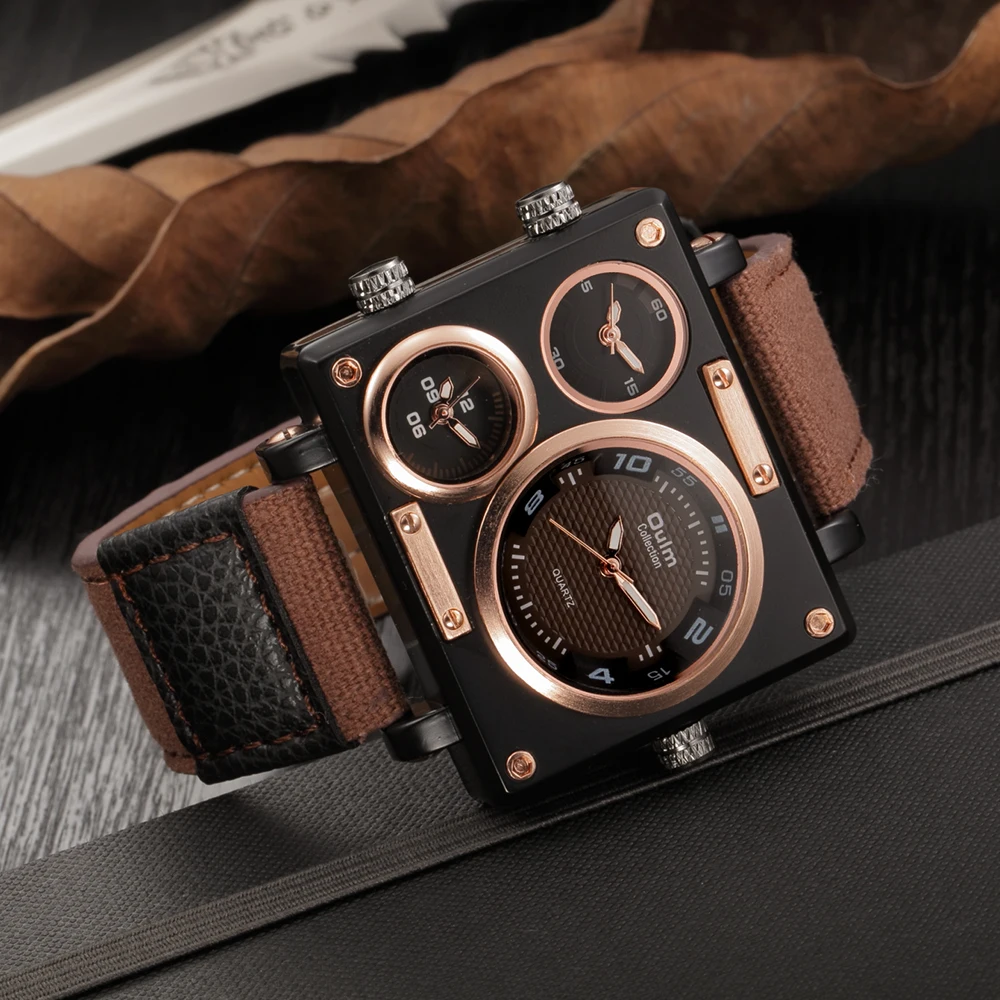 Men's Watches Top Brand Luxury Oulm 3595 Unique Designer Watches Men Fashion Square Big Face 3 Time Zone Casual Quartz Watch high quality white boy trend fashion leisure time designer casual quality smooth buckle 2 9 cm men s leather belt luxury brand