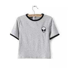New Fashion Alien Embroidery Short Style Women T Shirts O Neck Short Sleeve Tees Tops