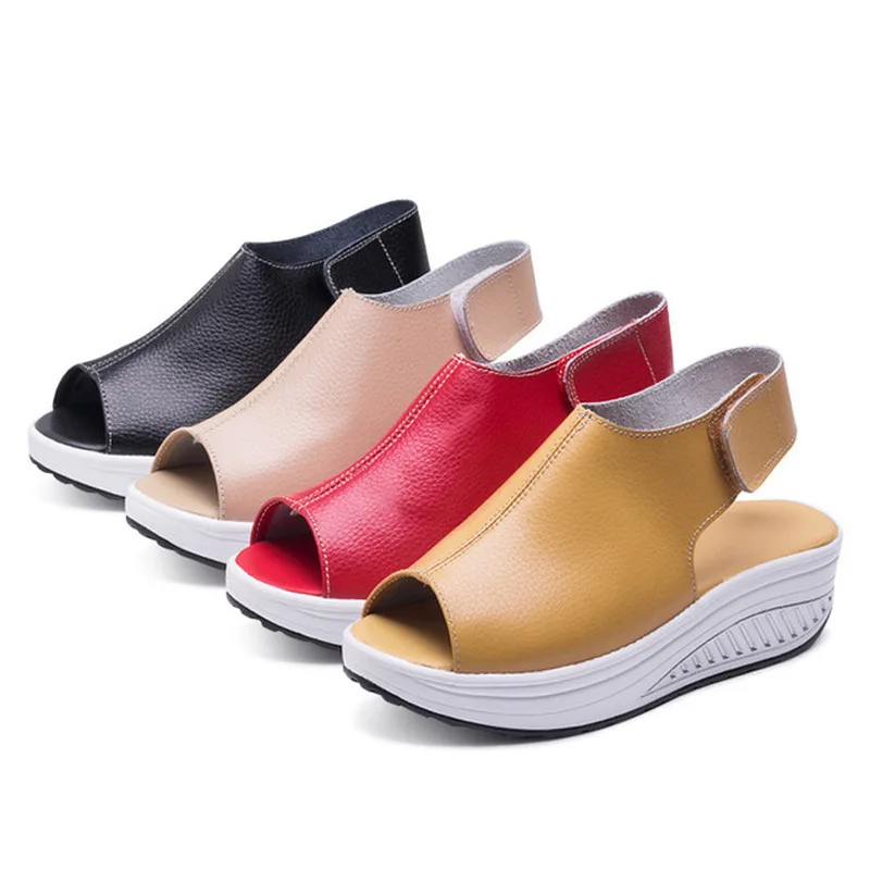 

Summer Girls sandals ladies 2019 leather wedge heel sandals fish mouth thick bottom increased rocking shoes women's sandals