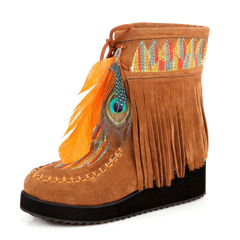 Lsewilly/ботинки с бахромой в индийском стиле в стиле ретро женские ботильоны из флока на массивном каблуке обувь с кисточками больших размеров размеры 34-43; AA555 - Цвет: Цвет: желтый