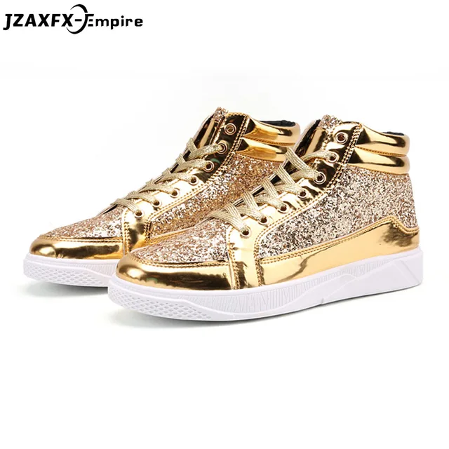 US $21.93 2018 New Fashion Gold Shoes Men Casual Shoes High-top Night Club Sneaker Male Lace-up Sequins Rock 