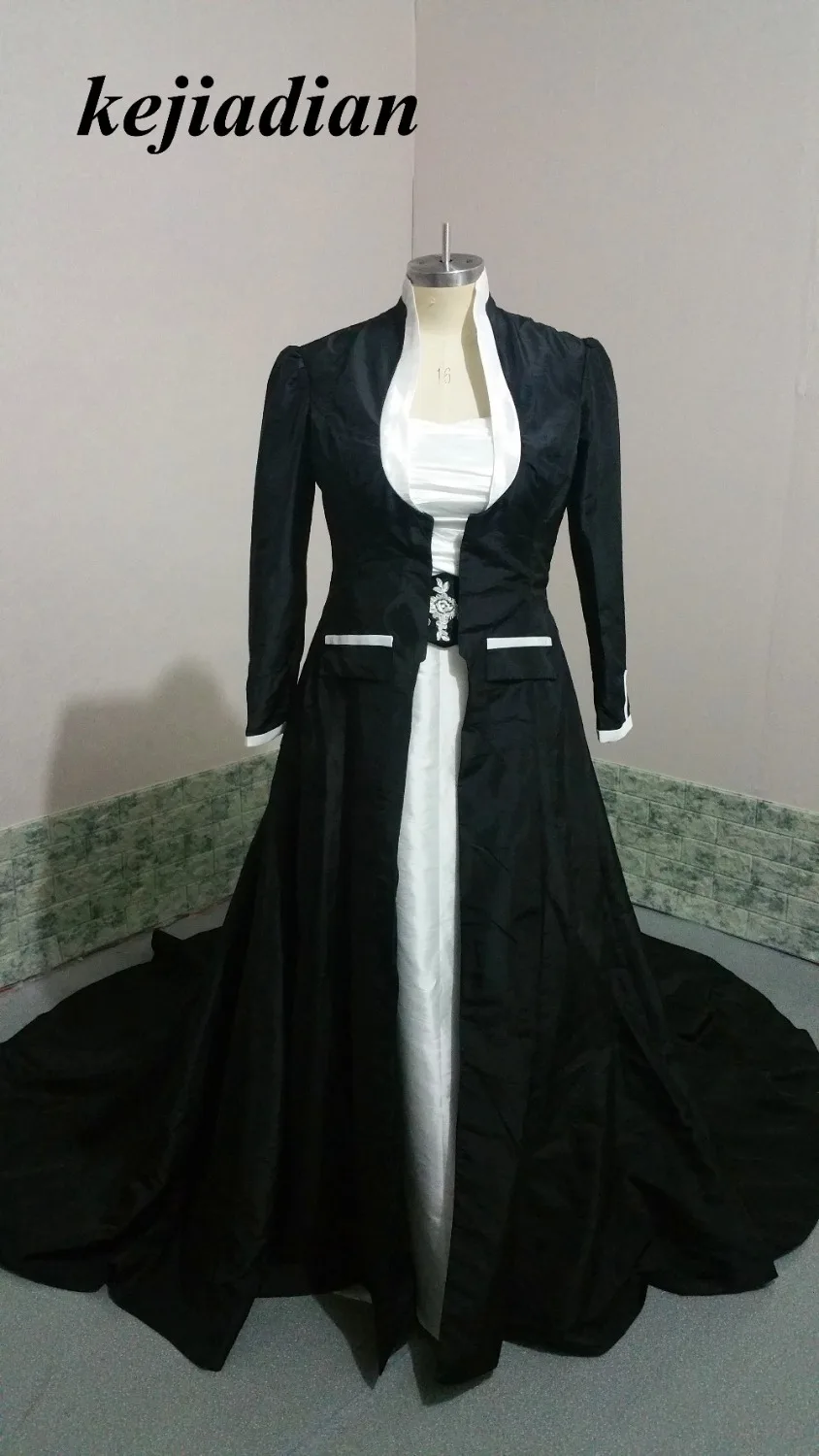 Новое средневековое свадебное платье для невесты с атласным верхом и бисером, Готические свадебные платья с черными длинными рукавами