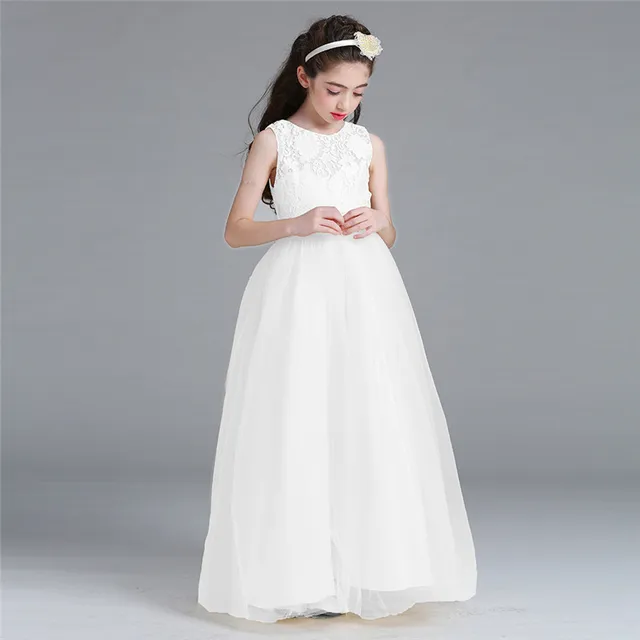 Fashion Child Princess Wedding Bridesmaid Long Dress Mesh Flower Pattern Girl Dress 12 14 Years