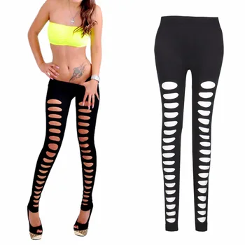 

KLV New Fashion Women Irregular Hole Hollow Leggings Low Waist Black Summer Spring