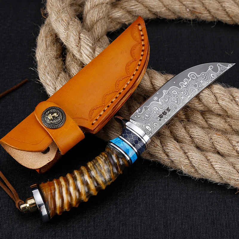 Sanrenmu S751 Fixed Blade Knife Damascus Steel Blade Outdoor Camping Tactical EDC Tool Collection Gift