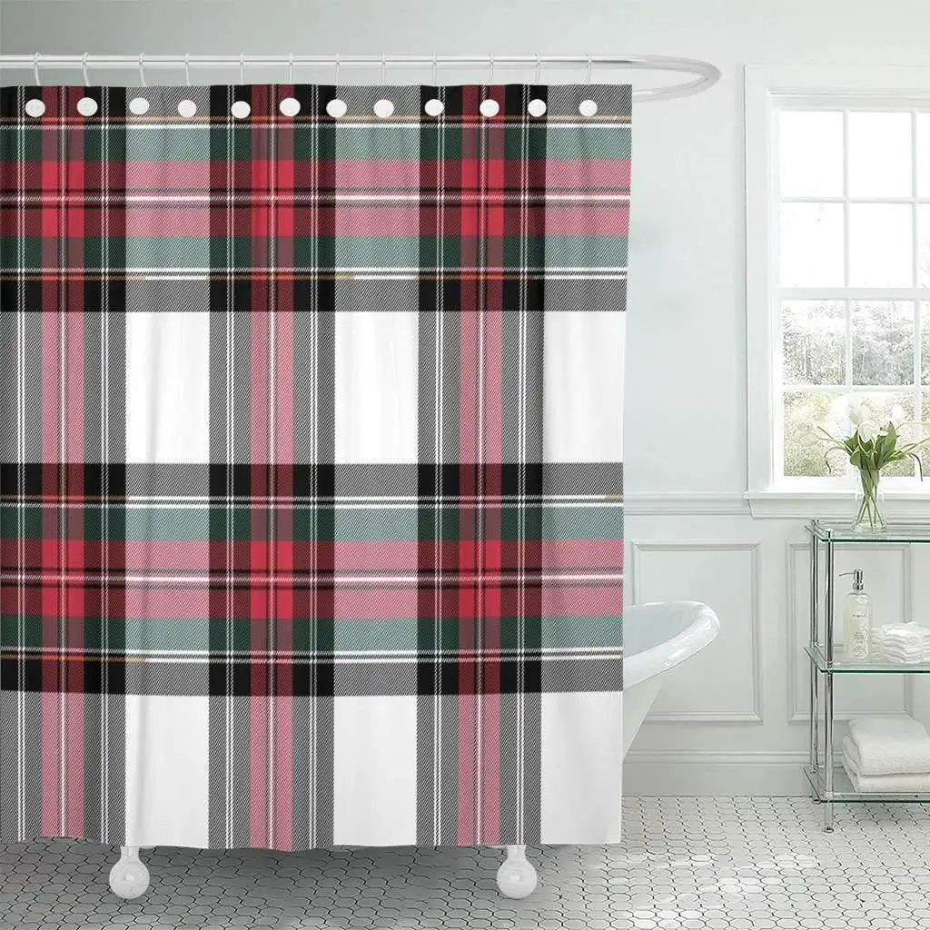 Shower Curtain with Hooks Red Plaid Dress Stewart Tartan No Gradients