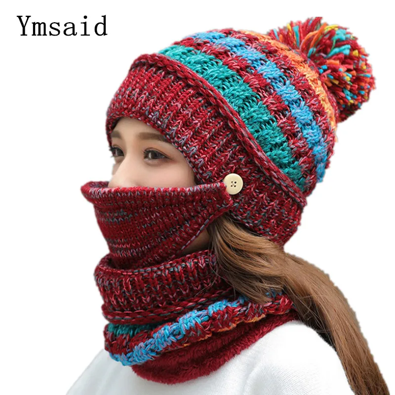 Ymsaid зимняя женская шапка Skullies теплые шапки женские шерстяные шарф маска 3 шт.