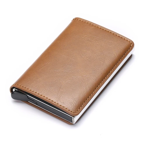 ZOVYZOL Slim Mini Wallet Metal Aluminum Business id Card Case Anti Rfid Protection Men Women Credit Card Holder Leather Vintage - Цвет: B APRICOT X-12