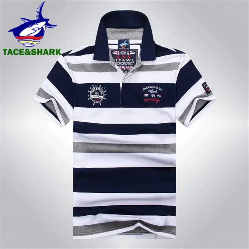 

TACE&SHARK Brand Fashion Tops&Tees Mens Polo Shirts Summer Classic Striped Shark Camisa Polos Shirt Masculina Homme Plus Size