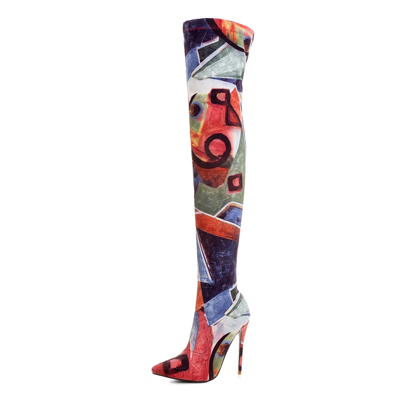 Arden Furtad весна-осень летние туфли на платформе, Обувь на высоком каблуке(12 см); ботинки с принтом для женщин, выше колена, с цветочным узором стрейч обувь на шпильках