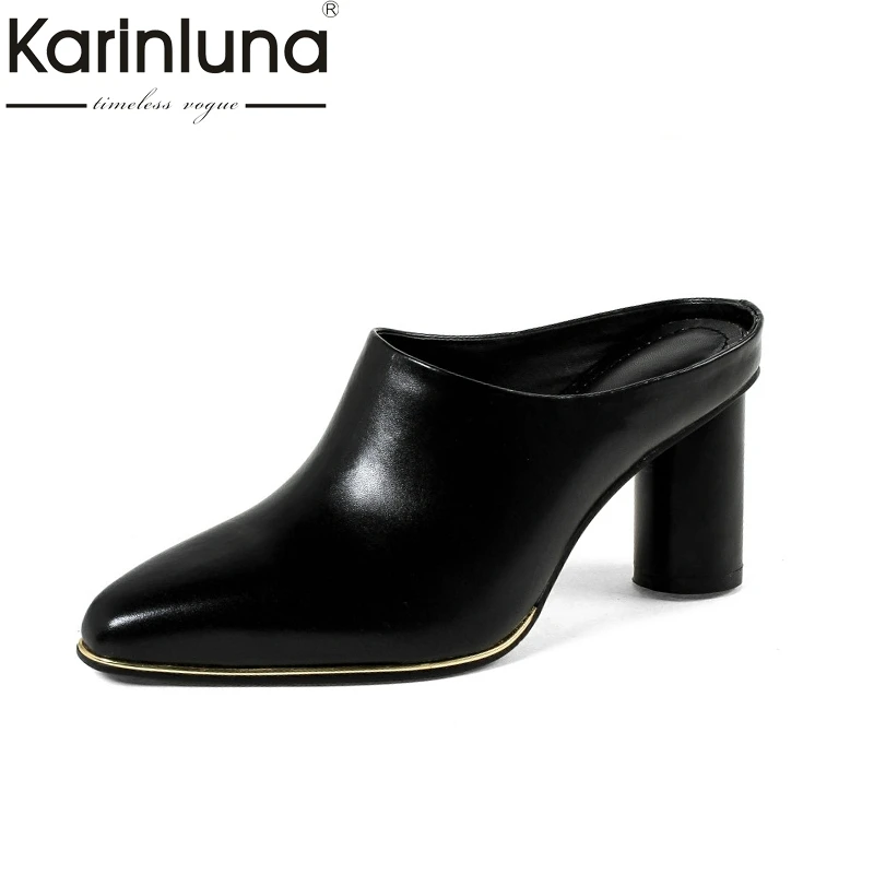 

Karinluna 2018 Summer Brand Cow Leather Women Mules Leather Insole High Heels Pumps Fashion Hot Sale Casual Shoes Woman