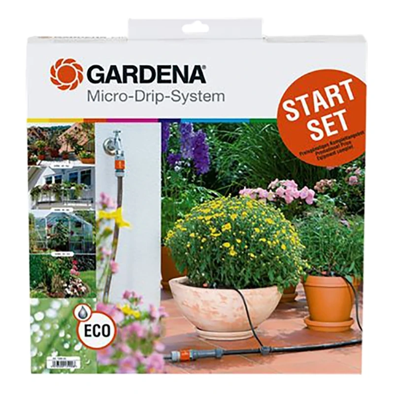 Система полива GARDENA 01373-20.000.00 (Полив в теплице площадью до 10 м, 1 мастер-блок 1000, 5 м магистрального шланга 13 мм (1/2”), 25 м подающего шланга 4,6 мм (3/16”), 40 капельниц внутренних 2 л/час)