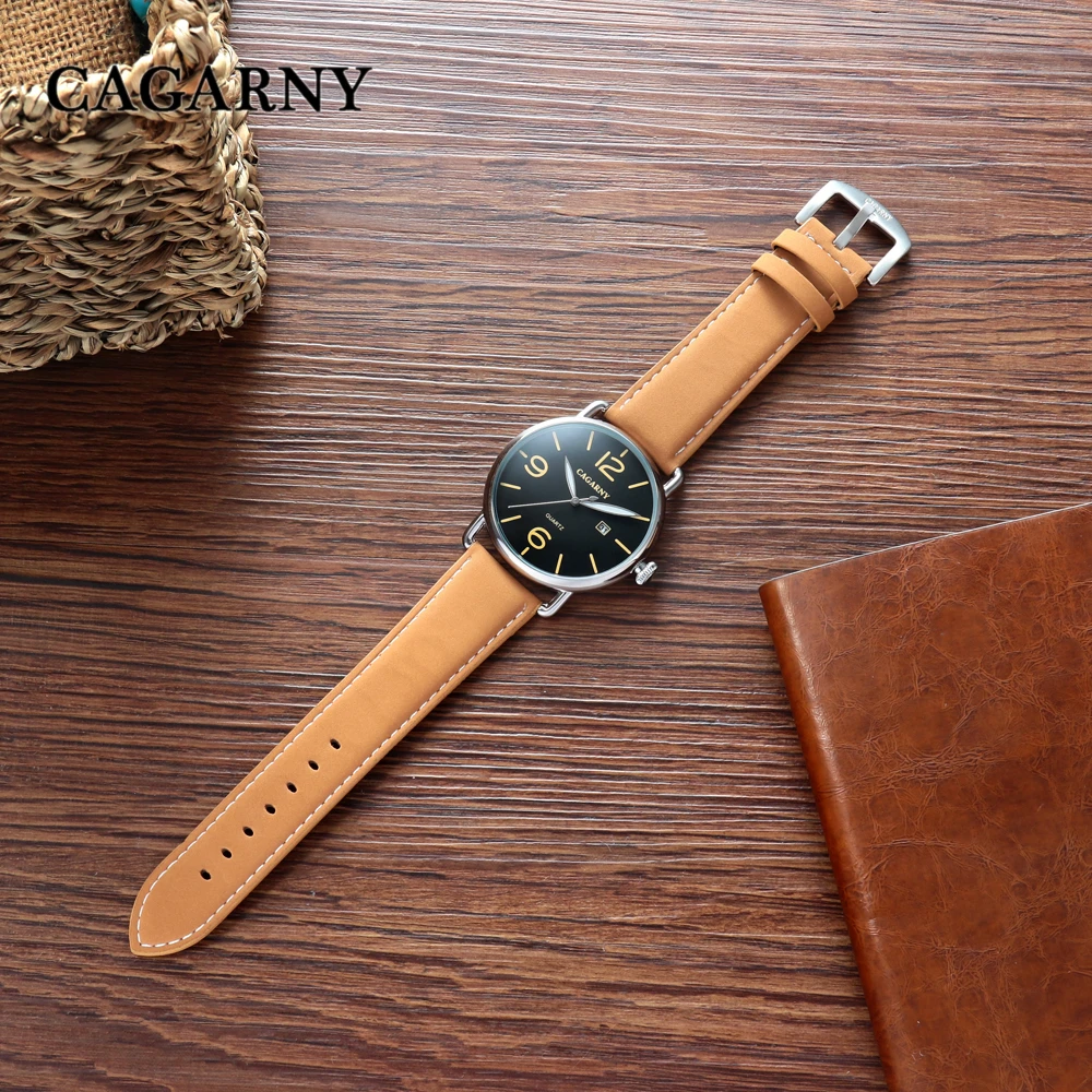 Cagarny Лидирующий бренд человек Часы моды кожаный ремешок кварцевые часы Бизнес мужской Календари часы Высокое качество наручные