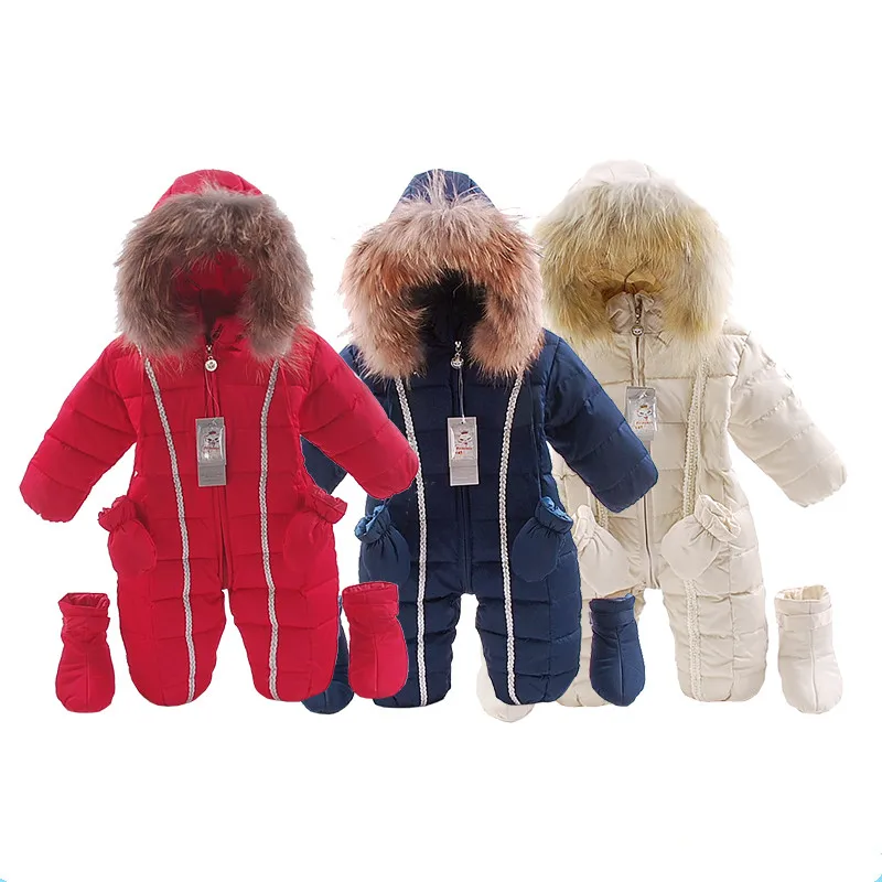 Winter Baby Snowsuit Kids Real Fur Duck Down Rompers Baby Windproof