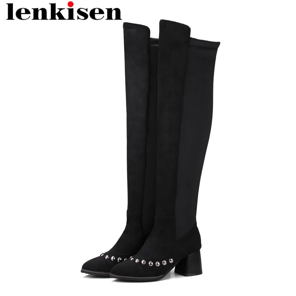 

2018 large size slender black lycra material over-ther-knee boots round toe thick high heels slip on rivets keep warm shoes L75
