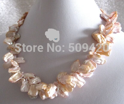 

Free Shipping 18" 9-15mm Peach Pink 2Row Keshi Freshwater Pearl Necklace