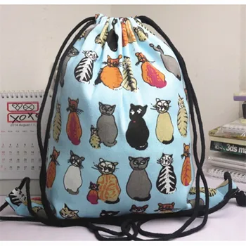 

YILE YWA19 Simple Fabric Bag Canvas Drawstring Travelling Backpack Student Book Bag Color Cat