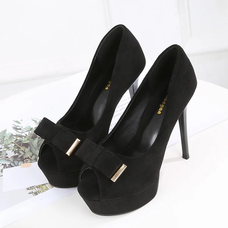 Wonen/туфли-лодочки модная офисная обувь женские замшевые туфли на высоком каблуке 14 см с открытым носком без застежки свадебные туфли-лодочки для ночного клуба - Цвет: Черный