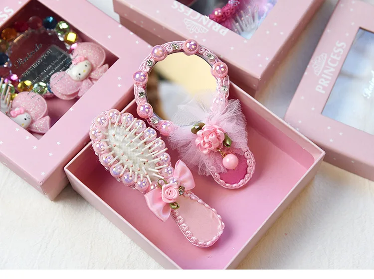 

Korea Princess Pink Ribbon Diamonds Flower Mirror Comb Kit Girl Birthday Christmas Wedding Party Take-home Favors