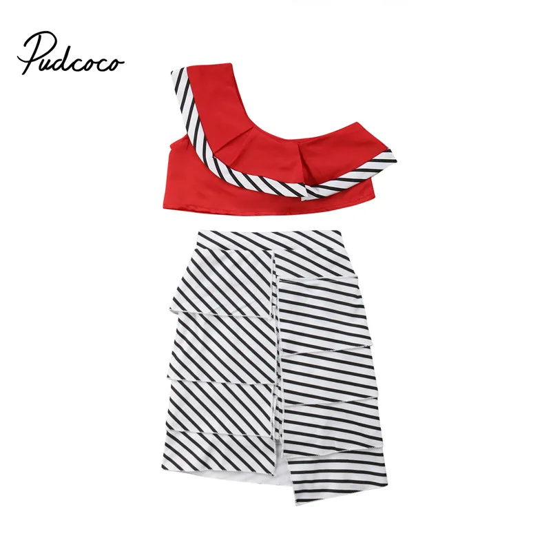 

3 to 10 Years Girls Clothes 2018 New Korean Style Casual Children Clothing Set One Shoulder Ruffles Tops Striped Skirts Outfits