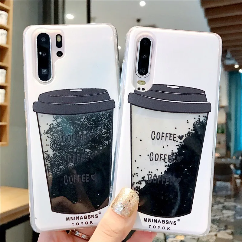 

Phone Case For Hauwei P20 P30 Mate 20 lite Pro Luxury Love Heart Hard PC Black Coffee Cup Cool Dynamic Liquid Quicksand Cover