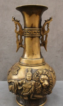 

004843 16" Chinese Bronze Dragon Beast Head Kwan-yin Buddha Ride Lion Statue Vase Pot