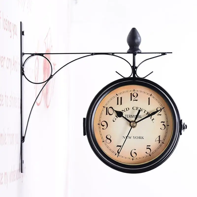 Настенные часы в европейском стиле, классические часы из кованого железа, винтажные декоративные, для гостиной, модные, бесшумные, для сада, двухсторонний Настенный декор - Цвет: Black