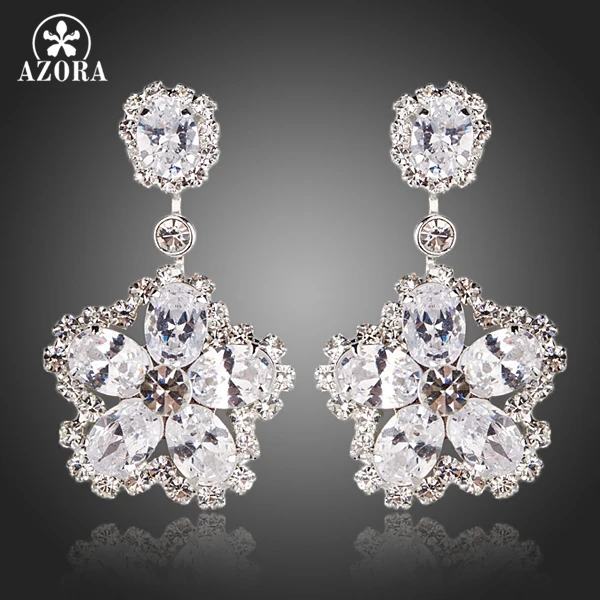 AZORA Elegant 5 Petals Flower Clear AAA Cubic Zirconia Drop Earrings for Women TE0126