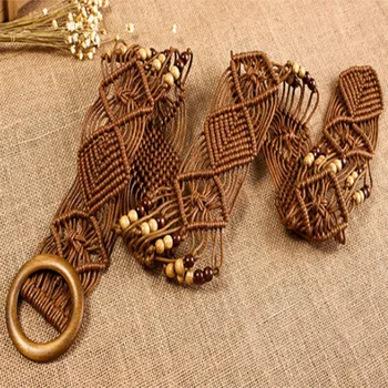 

2018 New fashion Brand Bohemian style belts for women ladies wooden bead Braided wide knitted belts for female dress