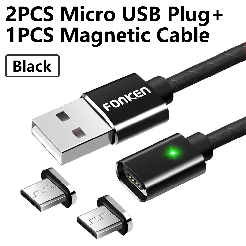 FONKEN Micro USB кабель Магнитный кабель для быстрой зарядки Max 2.4A светодиодный кабель для зарядки и синхронизации данных мини USB Магнитный кабель для мобильного телефона - Цвет: 2 Plug 1 black cord